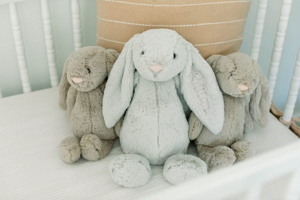 Stuffed bunnies as an example of gifts at Baby Braithwaite by Atlanta newborn photographer